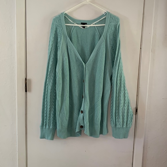 Torrid Size 5 aqua v-neck ribbed cardigan with lacy knit sleeves - Picture 1 of 8